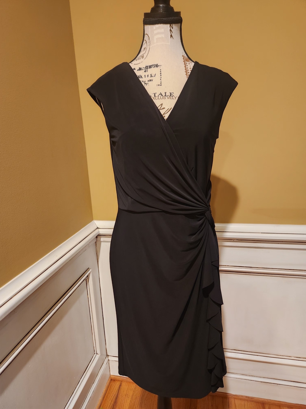 Ralph Lauren Black Faux-Wrap Ruched Midi Dress